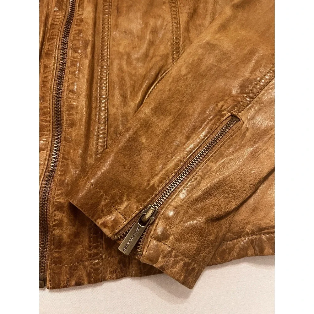 MICHAEL KORS Leather Moto Jacket Cafe Racer Zipped Sleeve Pocket Cognac Brown Lg